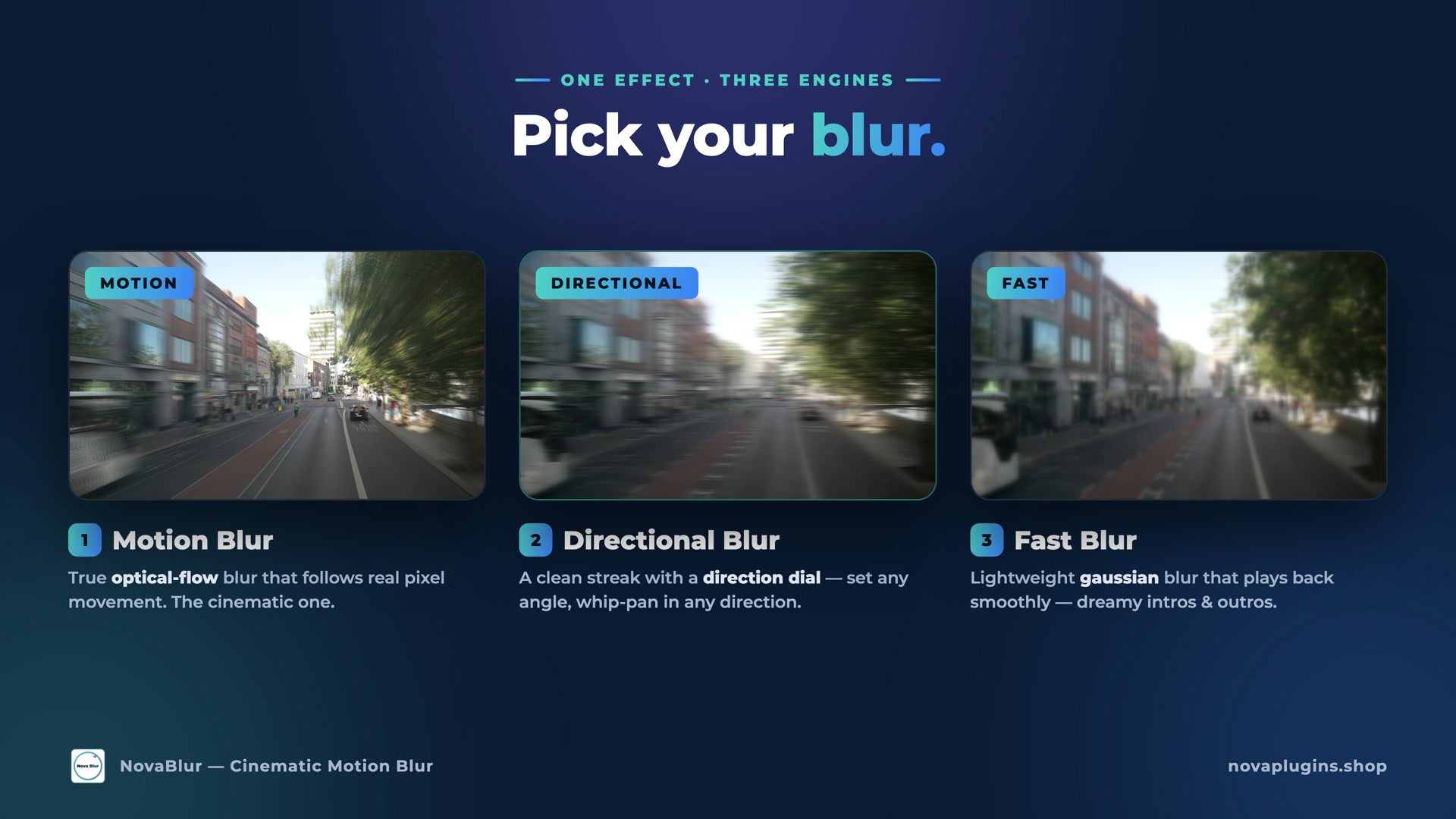 NovaBlur's three blur engines: Motion, Directional and Fast
