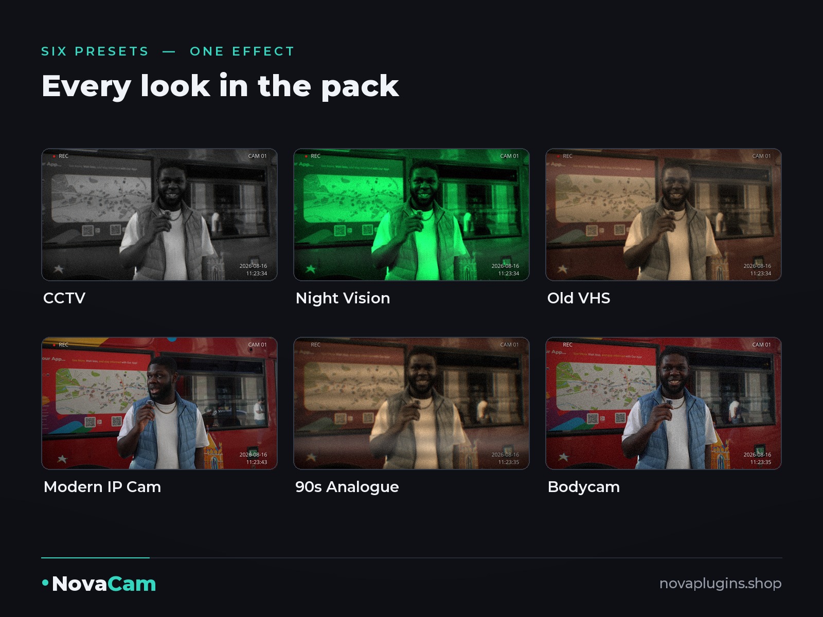 All 6 NovaCam camera presets on the same frame
