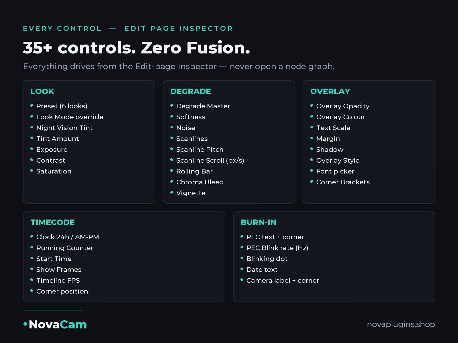 NovaCam's controls in the DaVinci Resolve Inspector