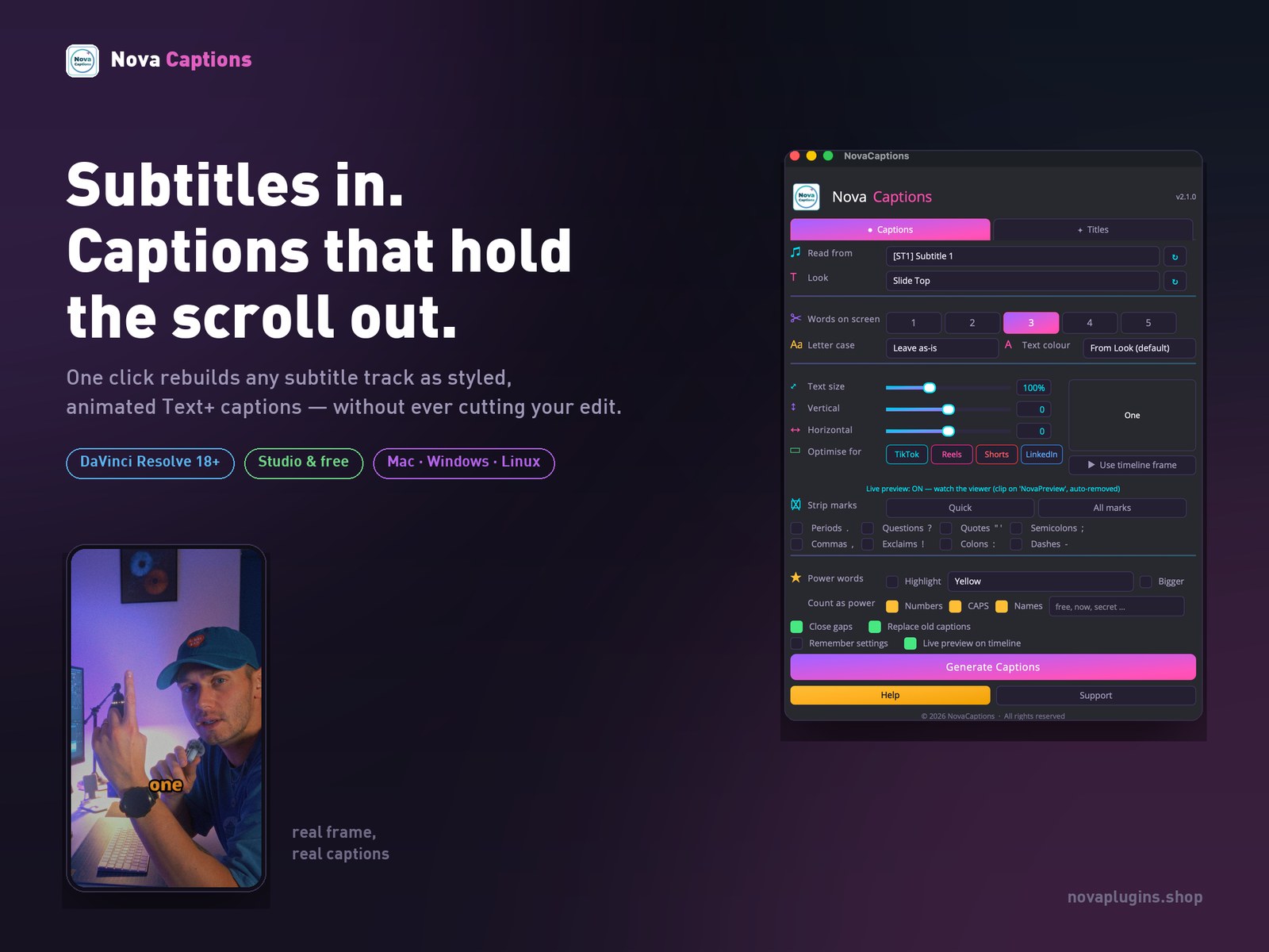 The NovaCaptions panel in DaVinci Resolve, with a captioned frame beside it