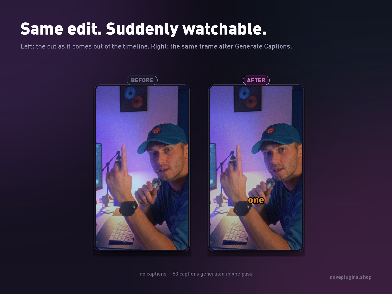 The same frame before and after NovaCaptions