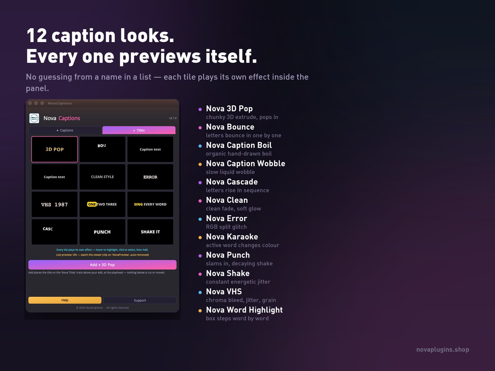 All 12 NovaCaptions looks in the Titles tab, each playing its own preview