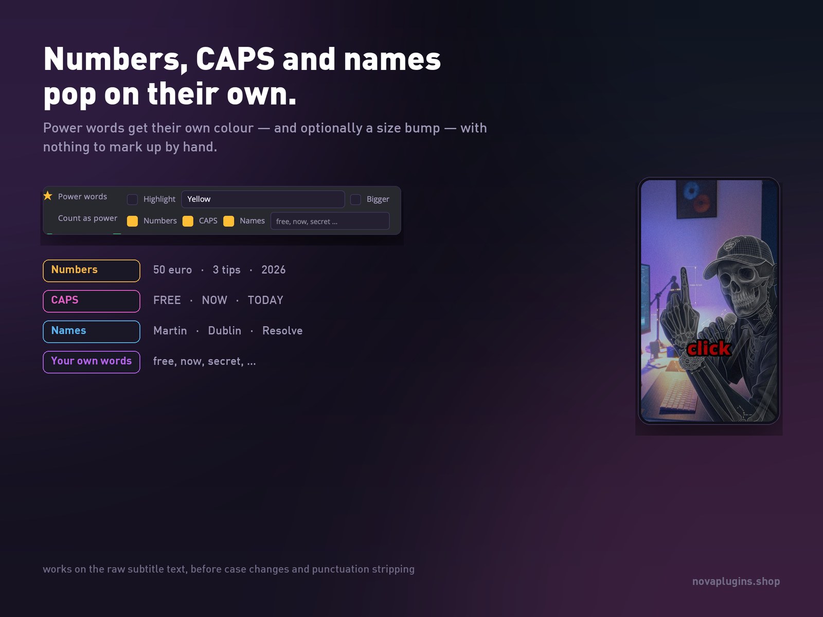 Power-word highlighting: numbers, CAPS, names and custom keywords
