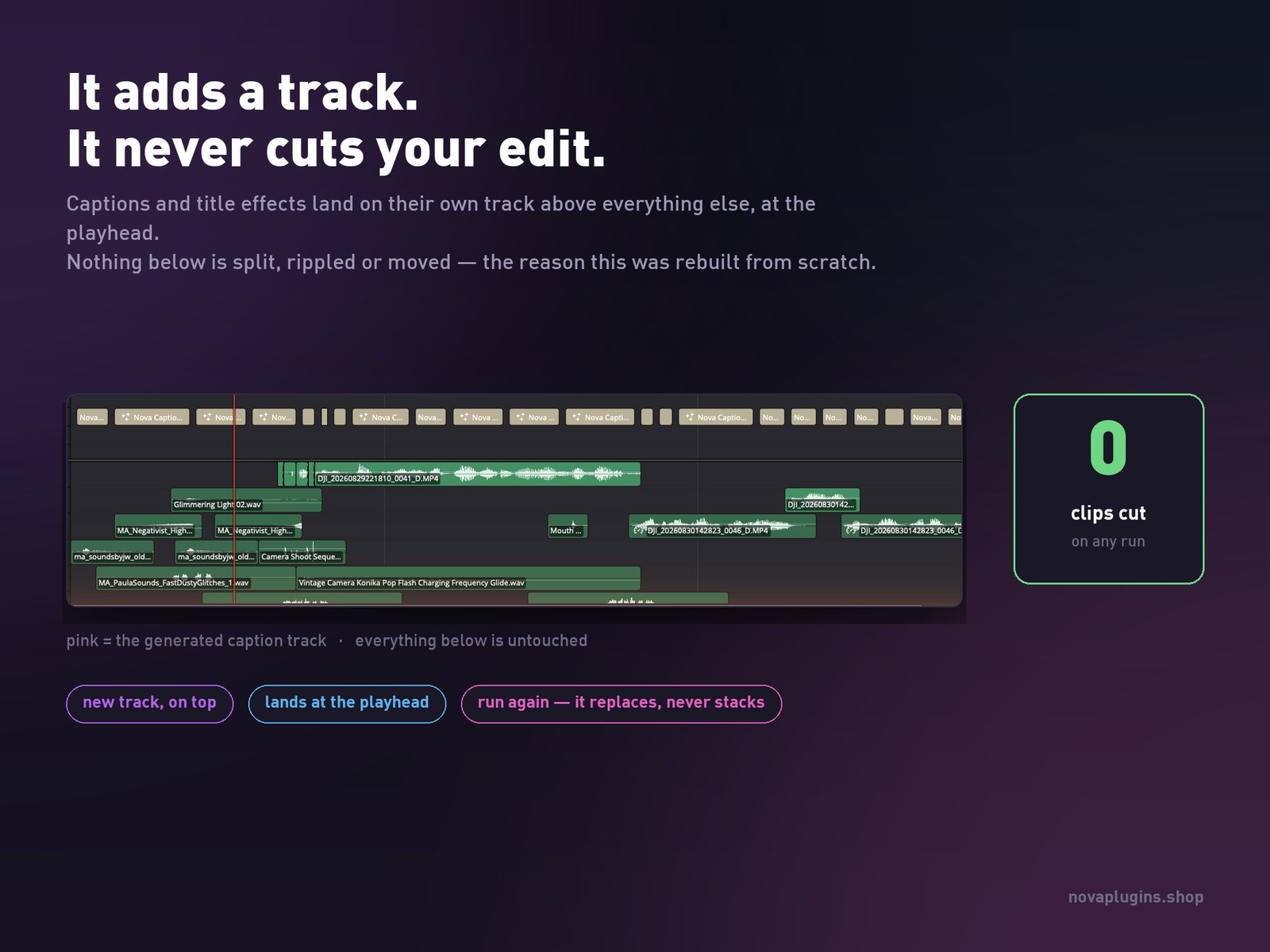 The generated caption track sitting above an untouched edit — zero clips cut