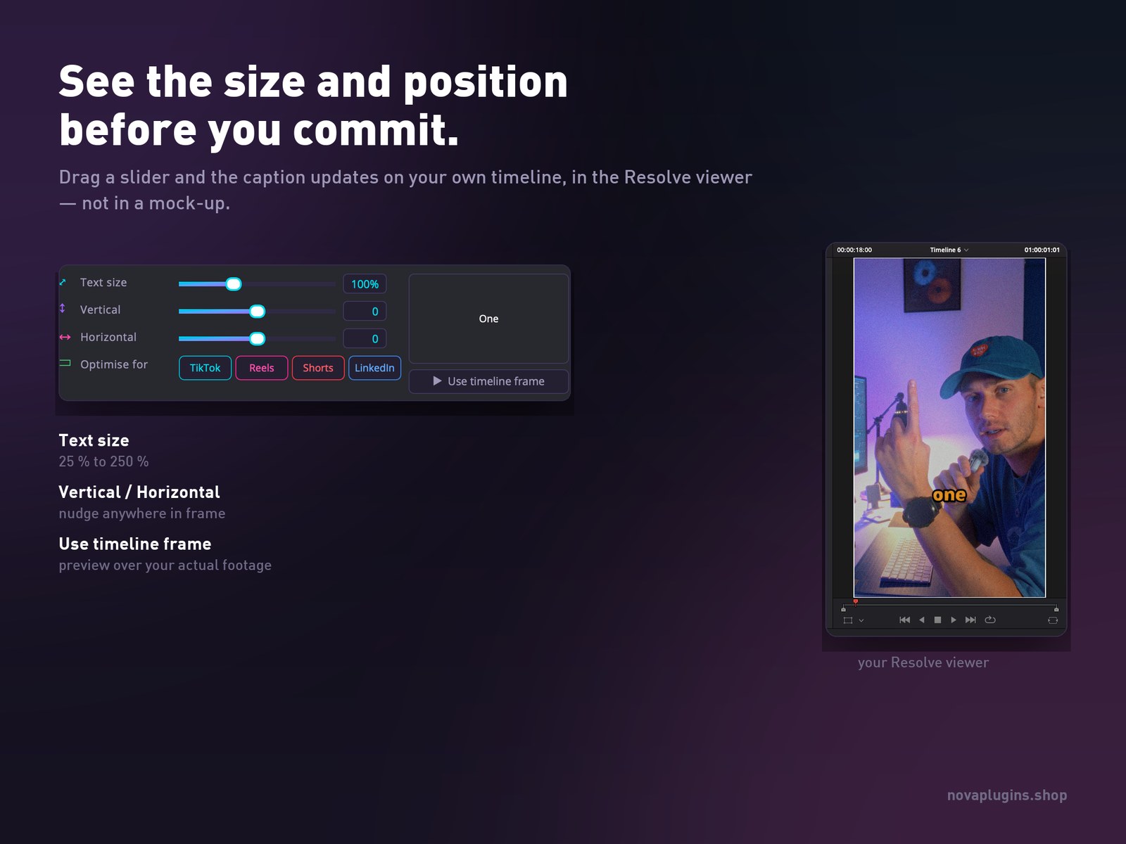 Size and position sliders previewing live in the Resolve viewer