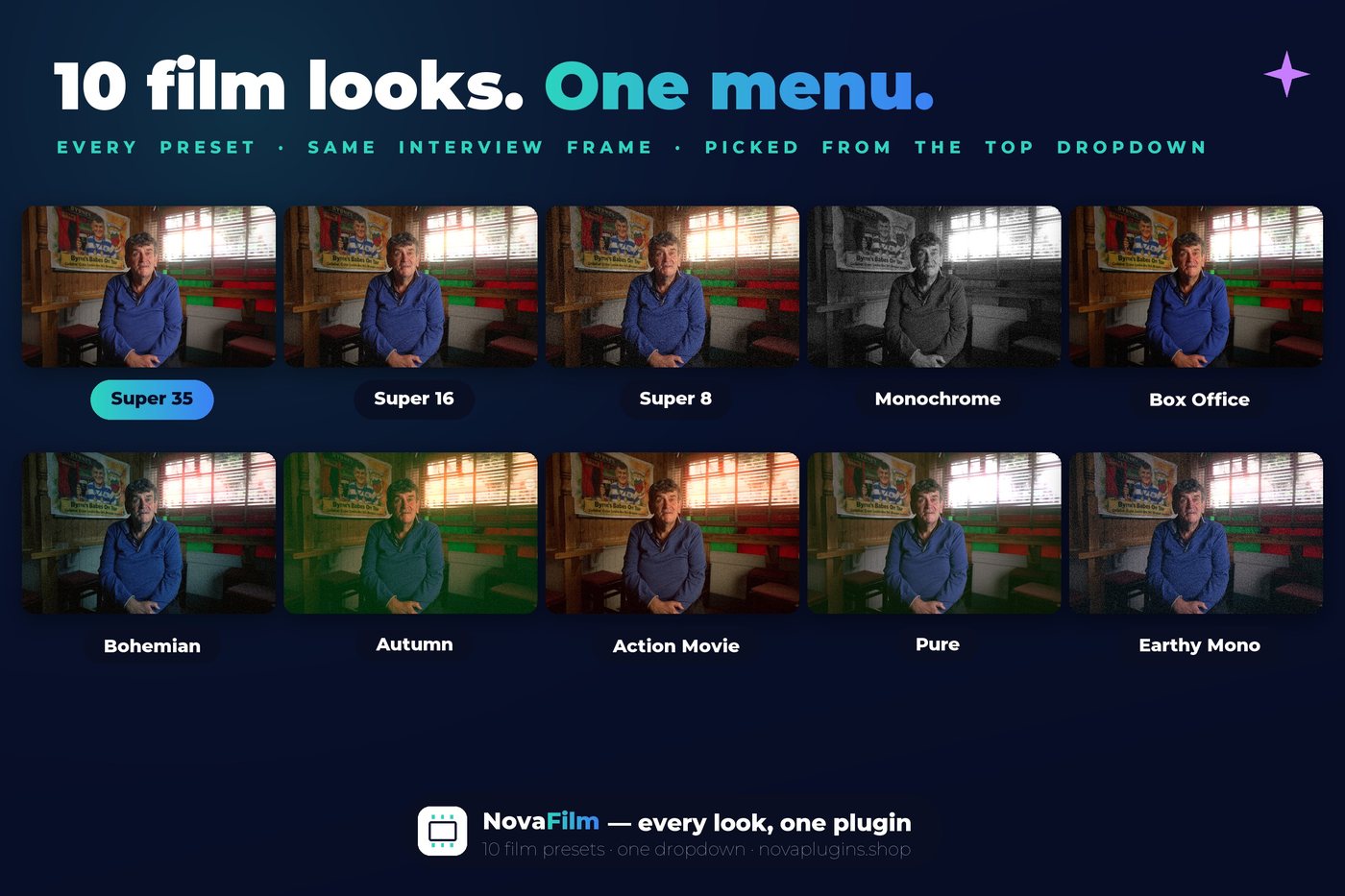 All 10 NovaFilm film-look presets on the same frame