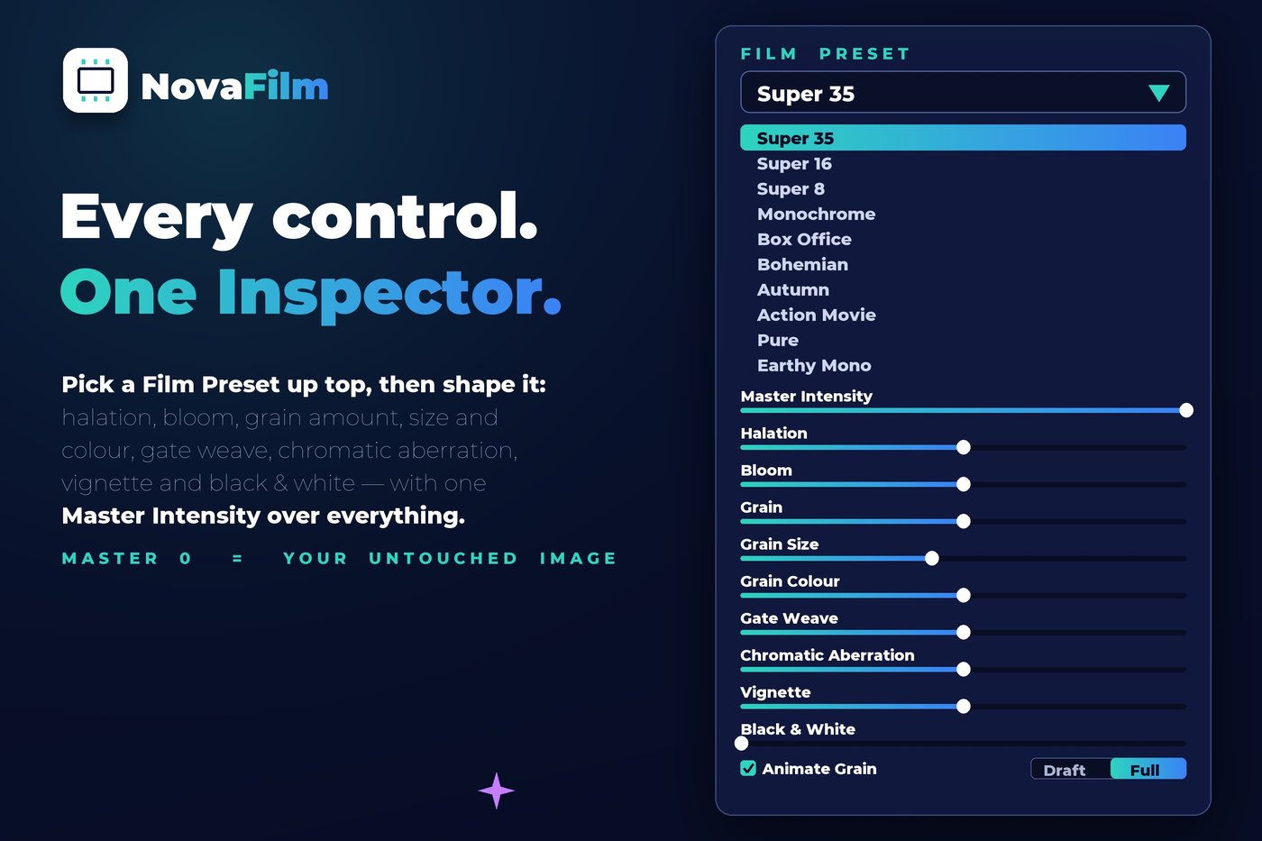 NovaFilm's controls in the DaVinci Resolve Inspector