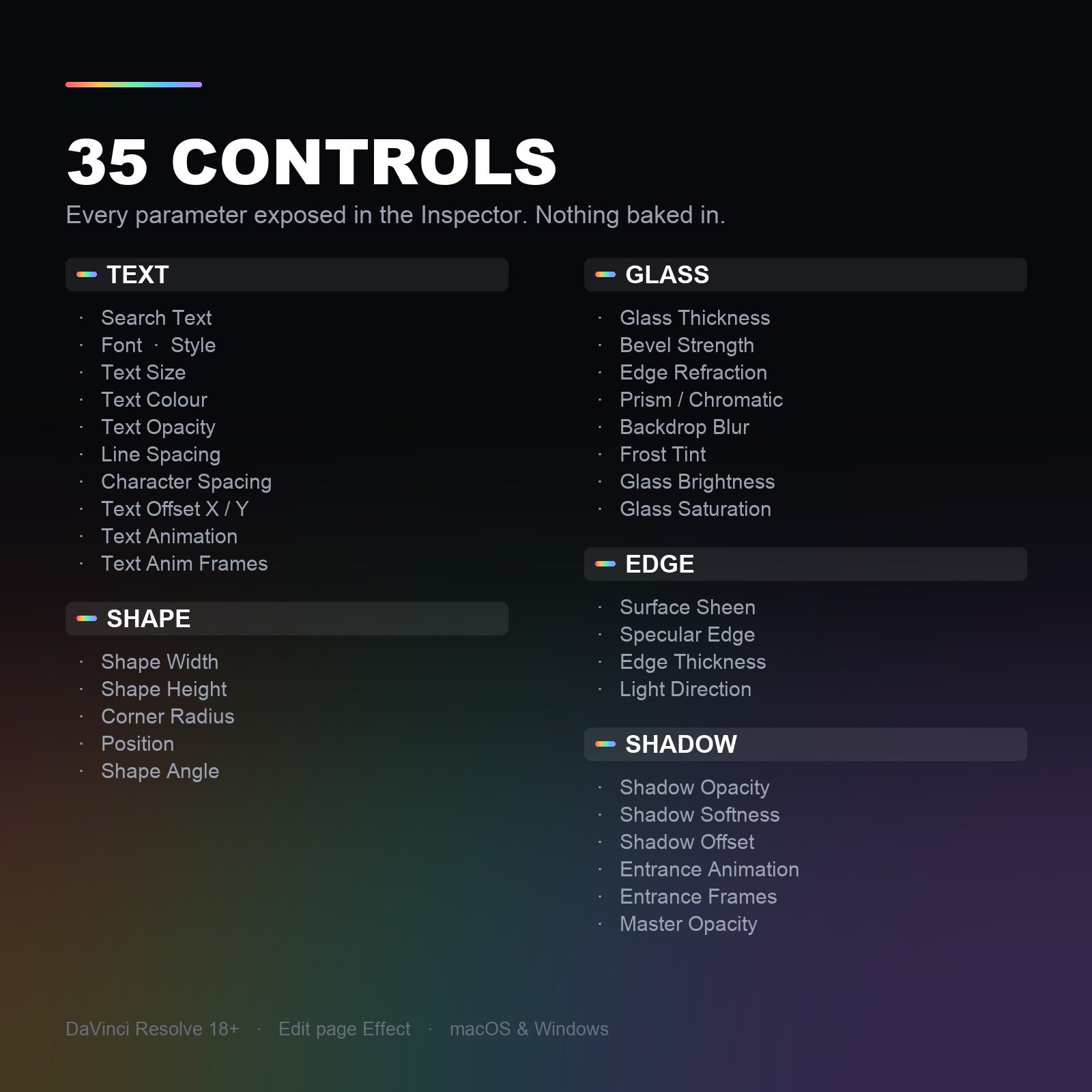 All 35 Inspector controls, grouped by text, shape, glass, edge and shadow