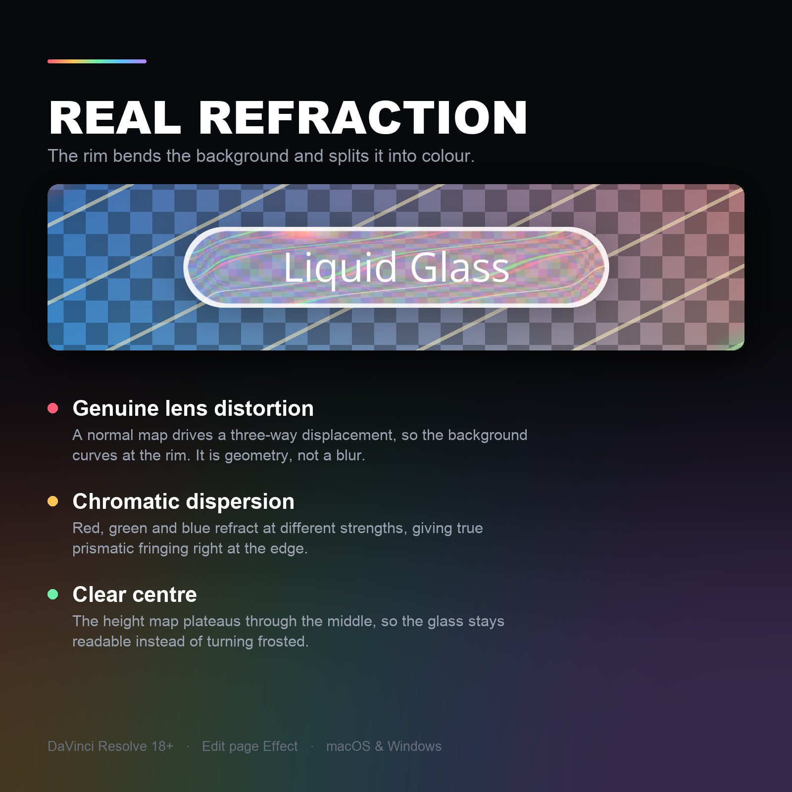 Real refraction — the rim bends the background and splits it into colour