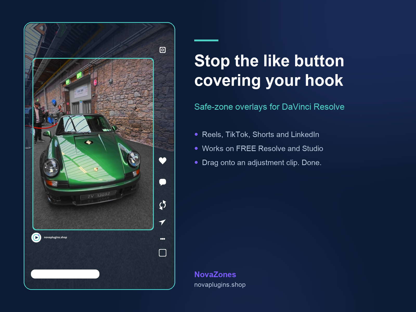 NovaZones Instagram Reels safe-zone overlay in DaVinci Resolve